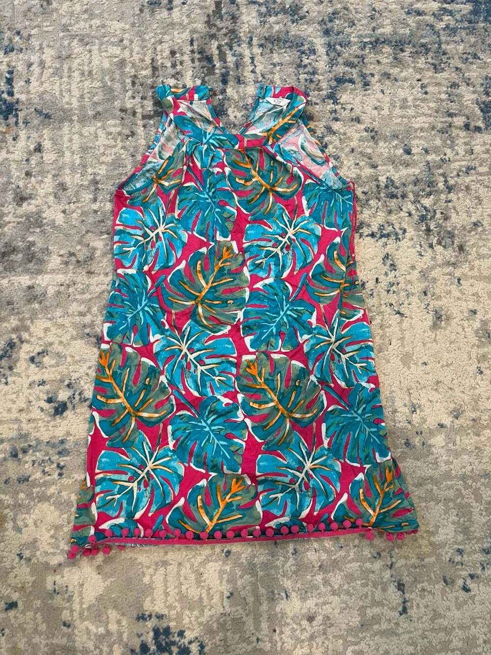 Crown & Ivy Tropical Leaf Dress Petite Pom Pom Hem Pink Blue